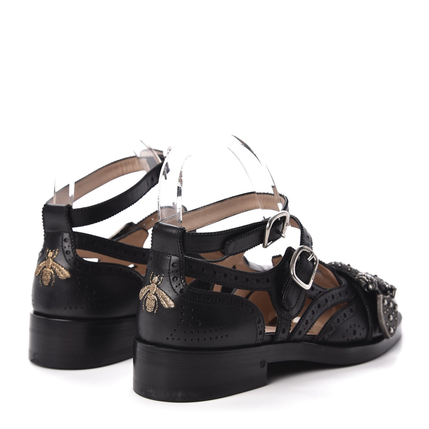 Calfskin Bee Embroidered Womens Queercore Brogue Wingtip Monk Strap Loafers 38 Black