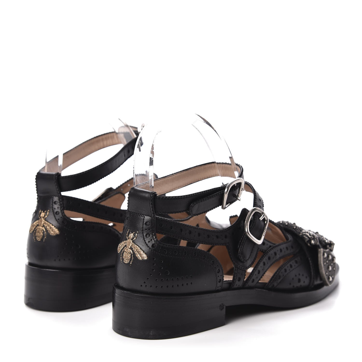 Gucci Calfskin Bee Embroidered Womens Queercore Brogue Wingtip Monk Strap Loafers 38 Black 4 of 9