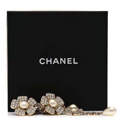 Chanel Crystal Pearl Flower CC Clip On Drop Earrings Light Gold 5 of 5