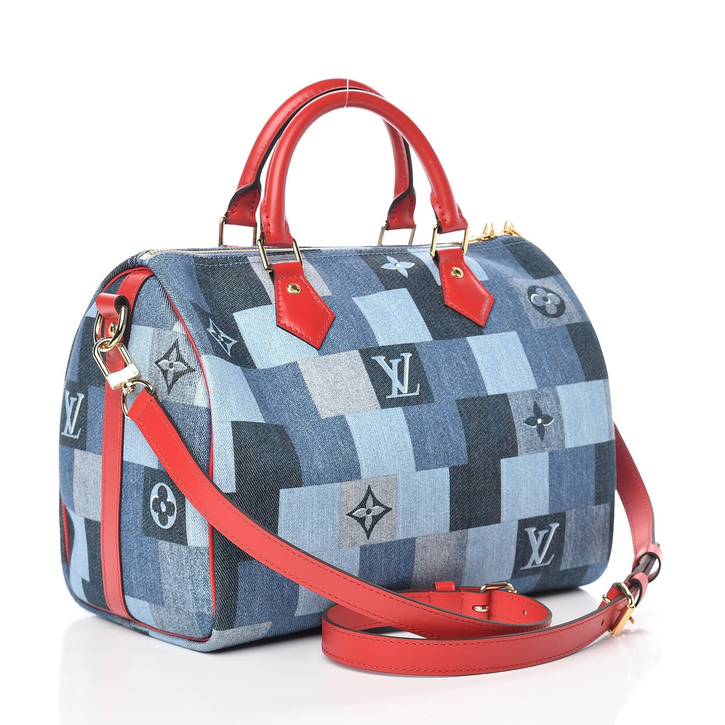 Denim Damier Monogram Patchwork Speedy Bandouliere 30 Blue Rouge