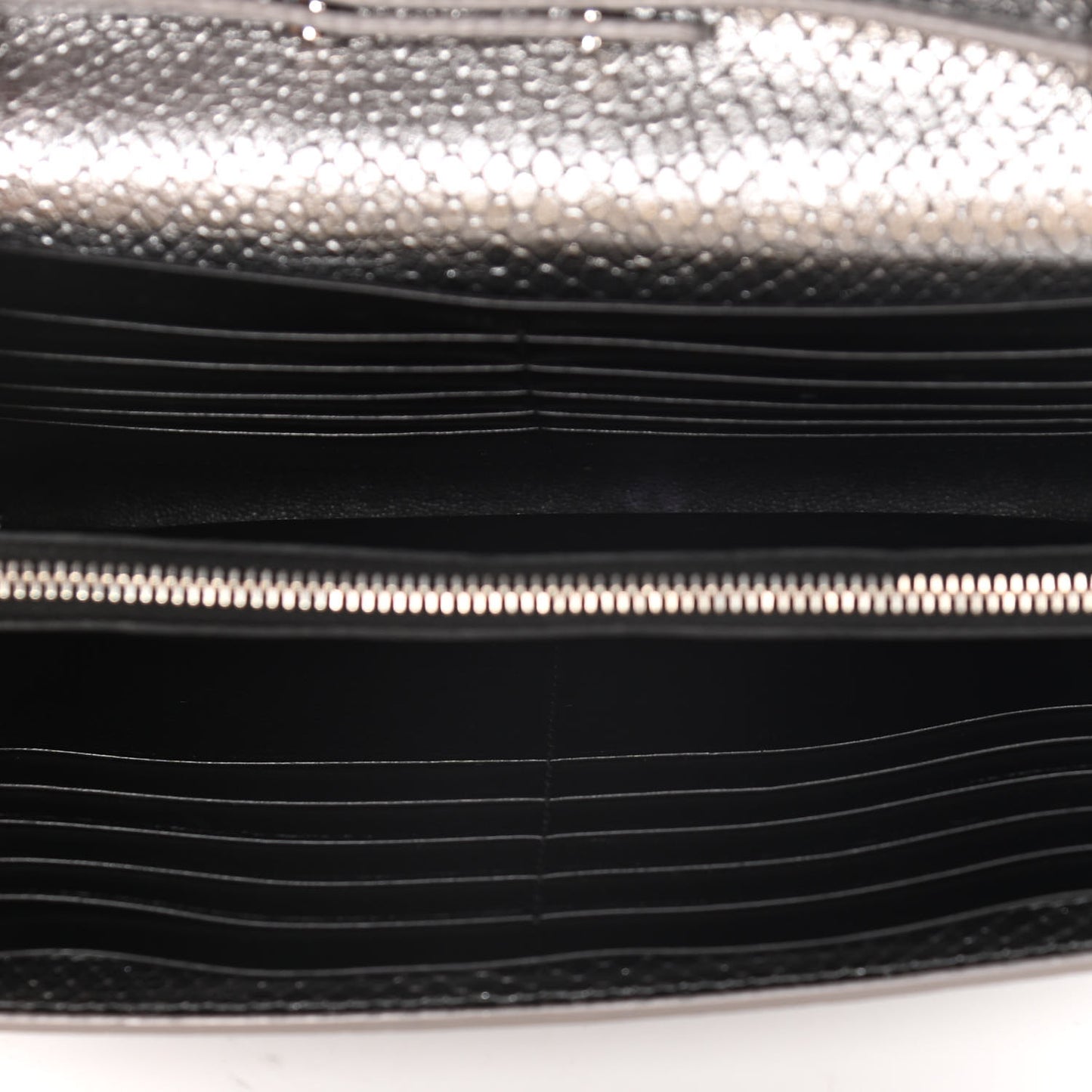 Metallic Calfskin Python Embossed Monogram Chain Wallet Silver