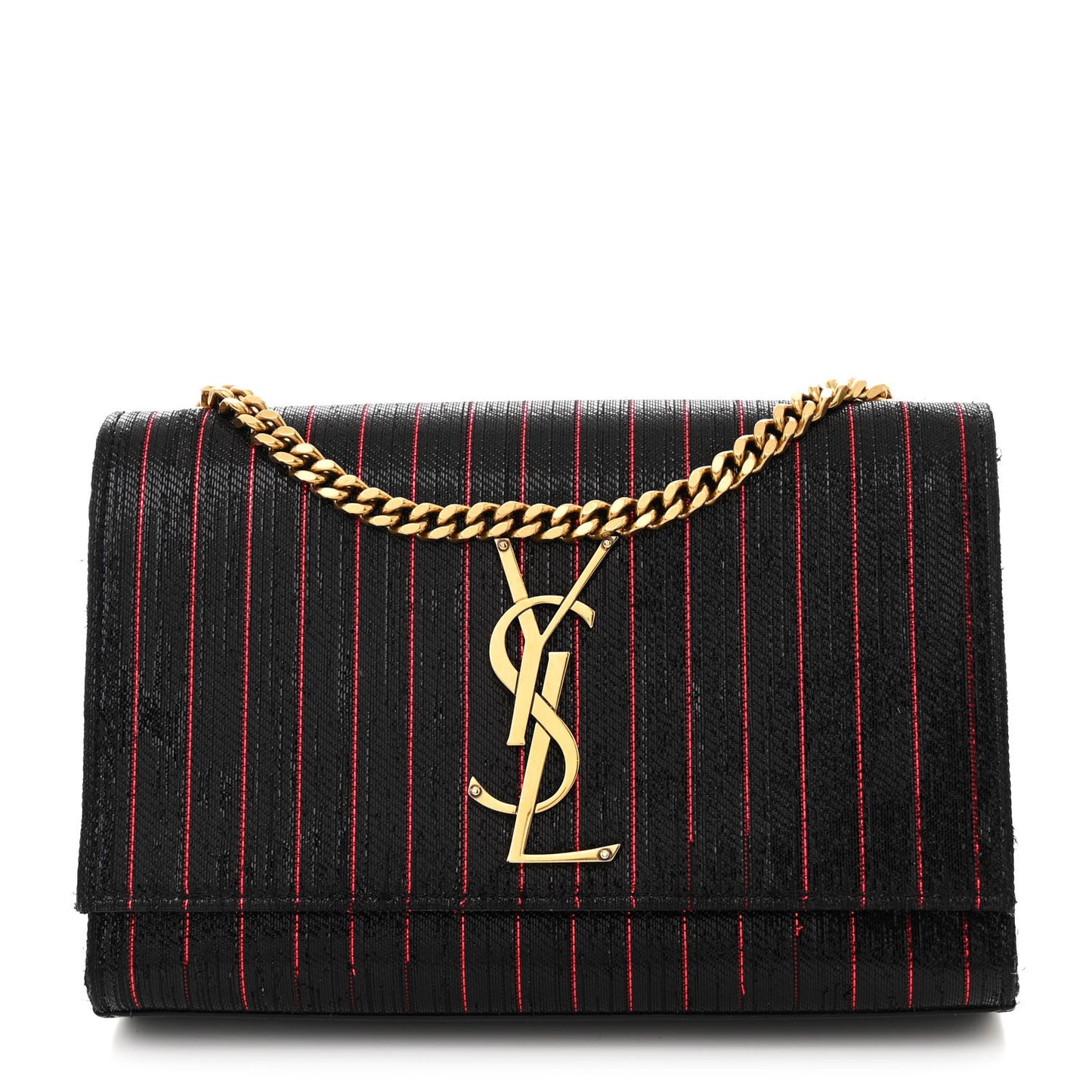 Metallic Calfskin Striped Small Monogram Kate Satchel Black Red