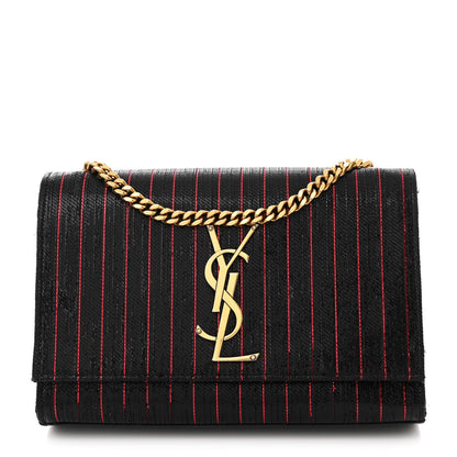 Saint Laurent Metallic Calfskin Striped Small Monogram Kate Satchel Black Red 1 of 10