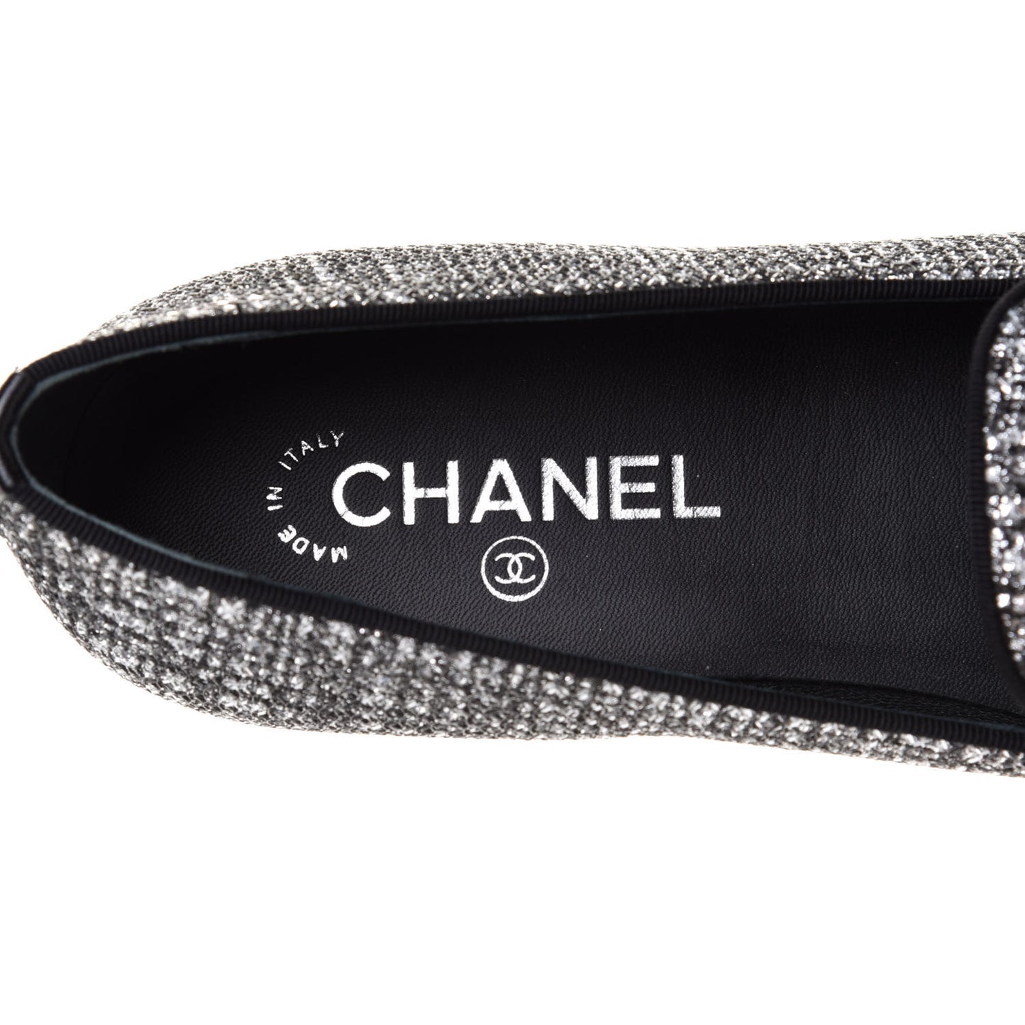 Fantasy Fabric Grosgrain CC Mocassin Loafers 41 Silver Black