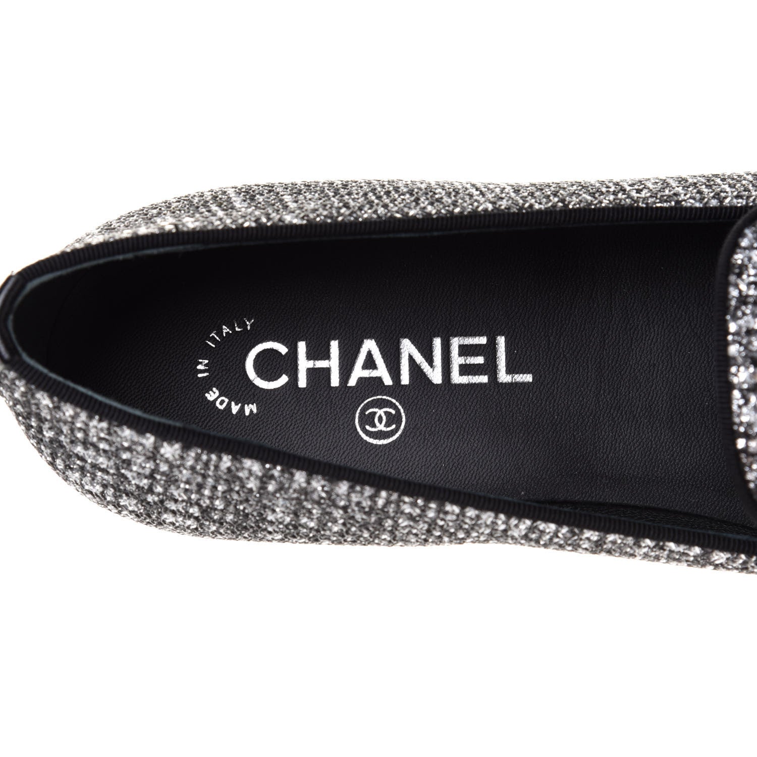 Chanel Fantasy Fabric Grosgrain CC Mocassin Loafers 41 Silver Black 8 of 9