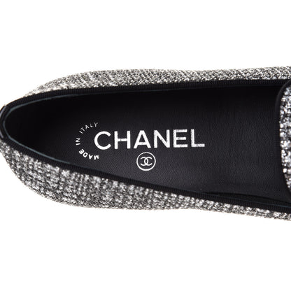 Chanel Fantasy Fabric Grosgrain CC Mocassin Loafers 41 Silver Black 8 of 9