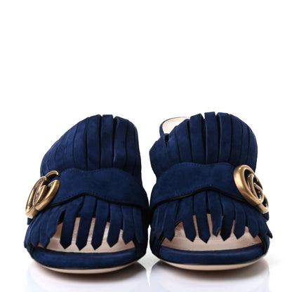 Gucci Kid Scamosciato GG Marmont Fringe 75mm Slide Sandals 36 Blue Ink 2 of 9
