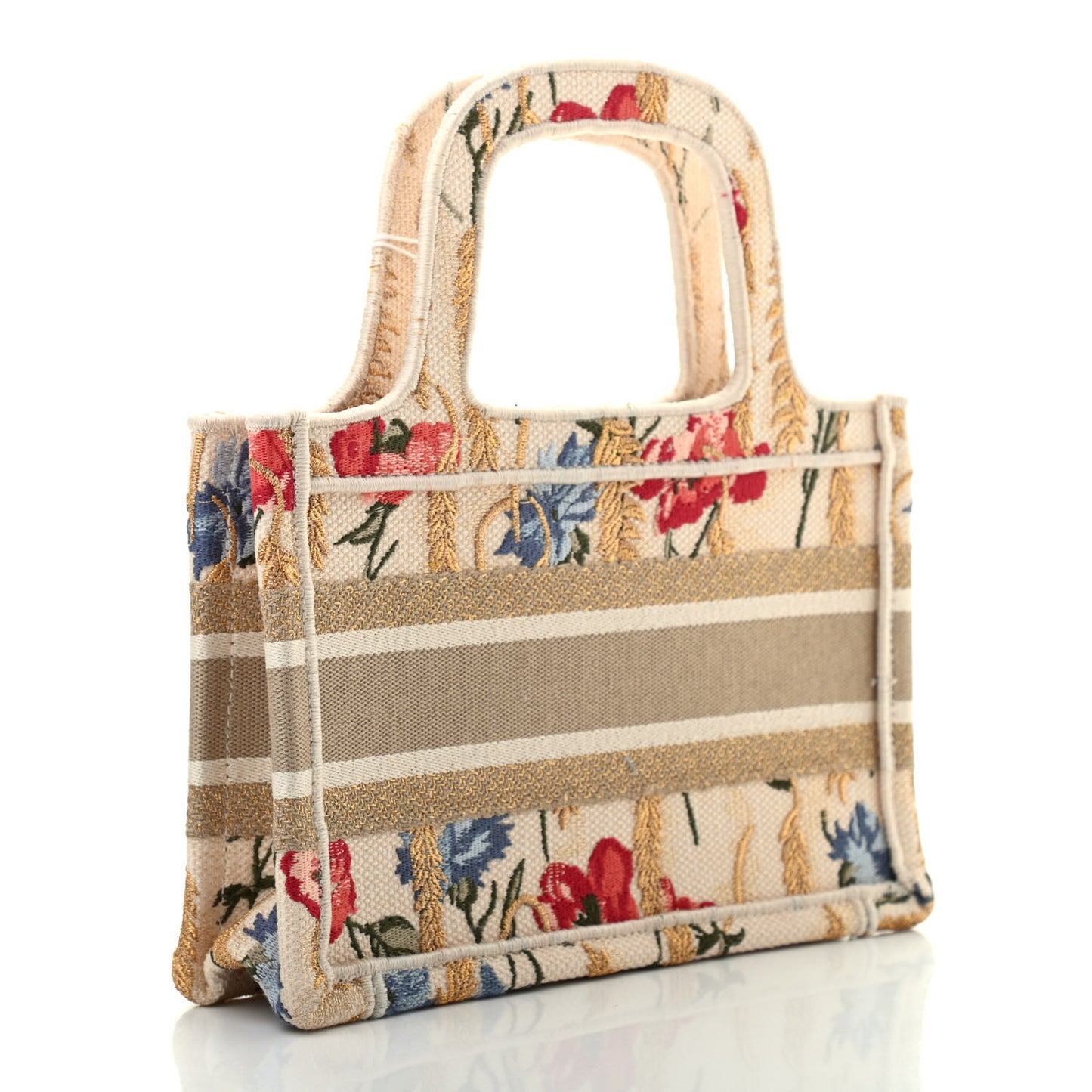 Canvas Embroidered Hibiscus Printed Mini Book Tote Beige Multicolor