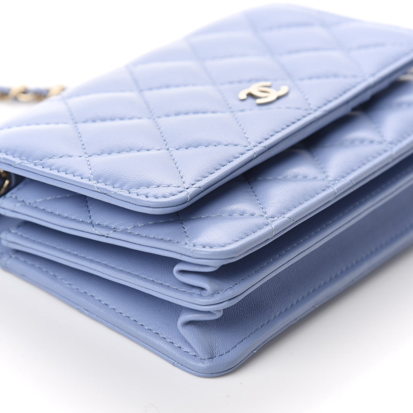 Lambskin Quilted Mini Wallet On Chain WOC Light Blue