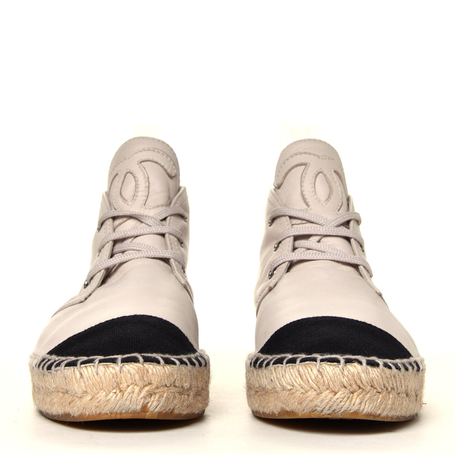 Chanel Lambskin Canvas Cap Toe Lace Up Espadrilles 38 Beige Black 4 of 9