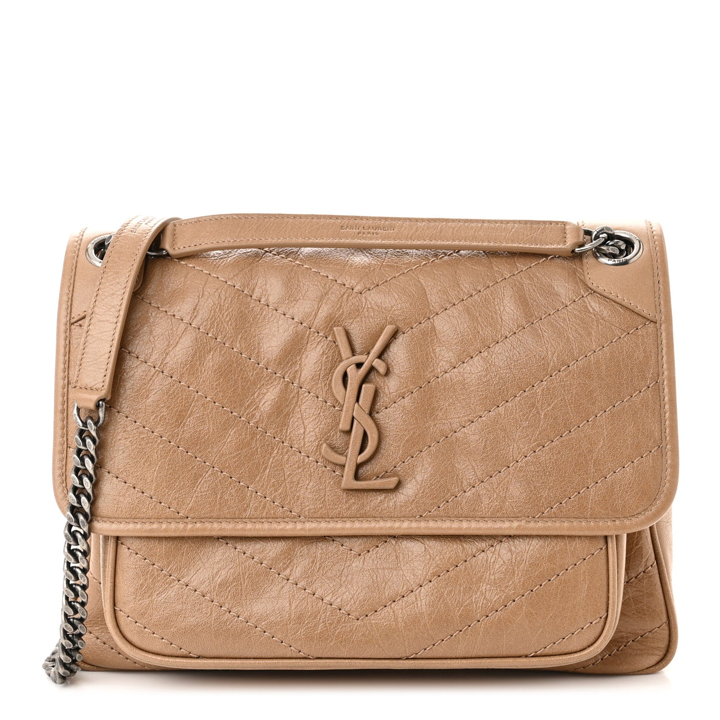 Crinkled Calfskin Matelasse Monogram Medium Niki Chain Satchel Dark Toffee
