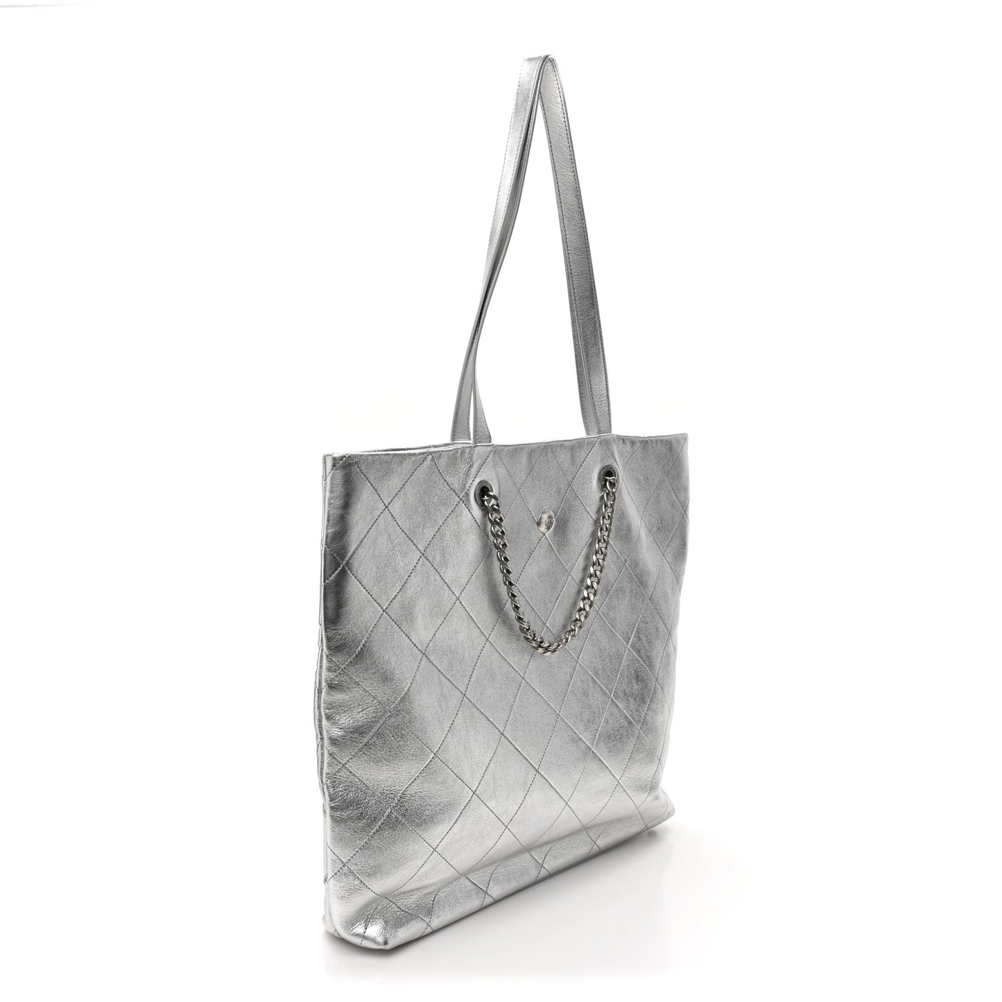 Metallic Calfskin Stitched CC Club Monaco Tote Silver