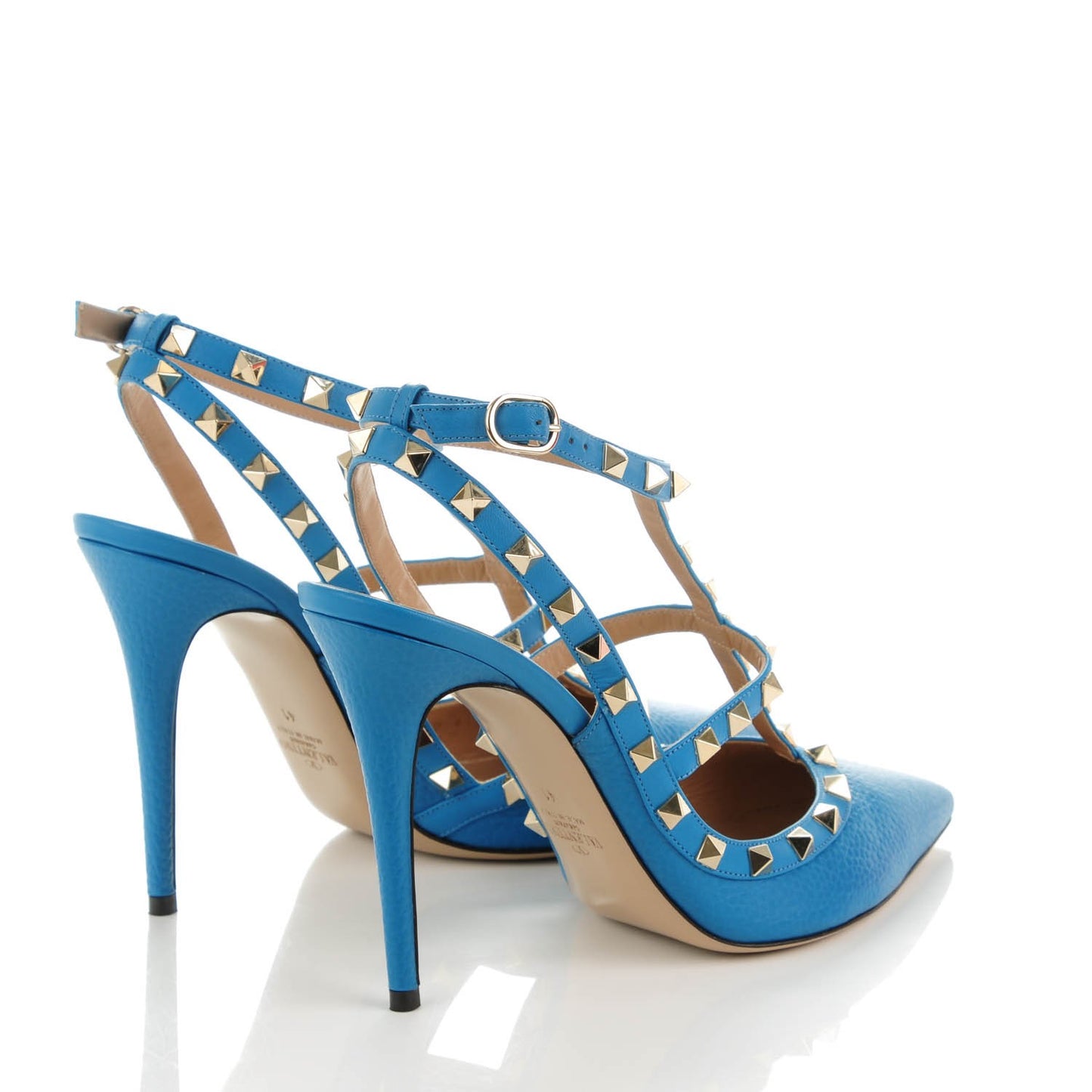 Pebbled Calfskin Rockstud Ankle Strap Pumps 41 Light Blue