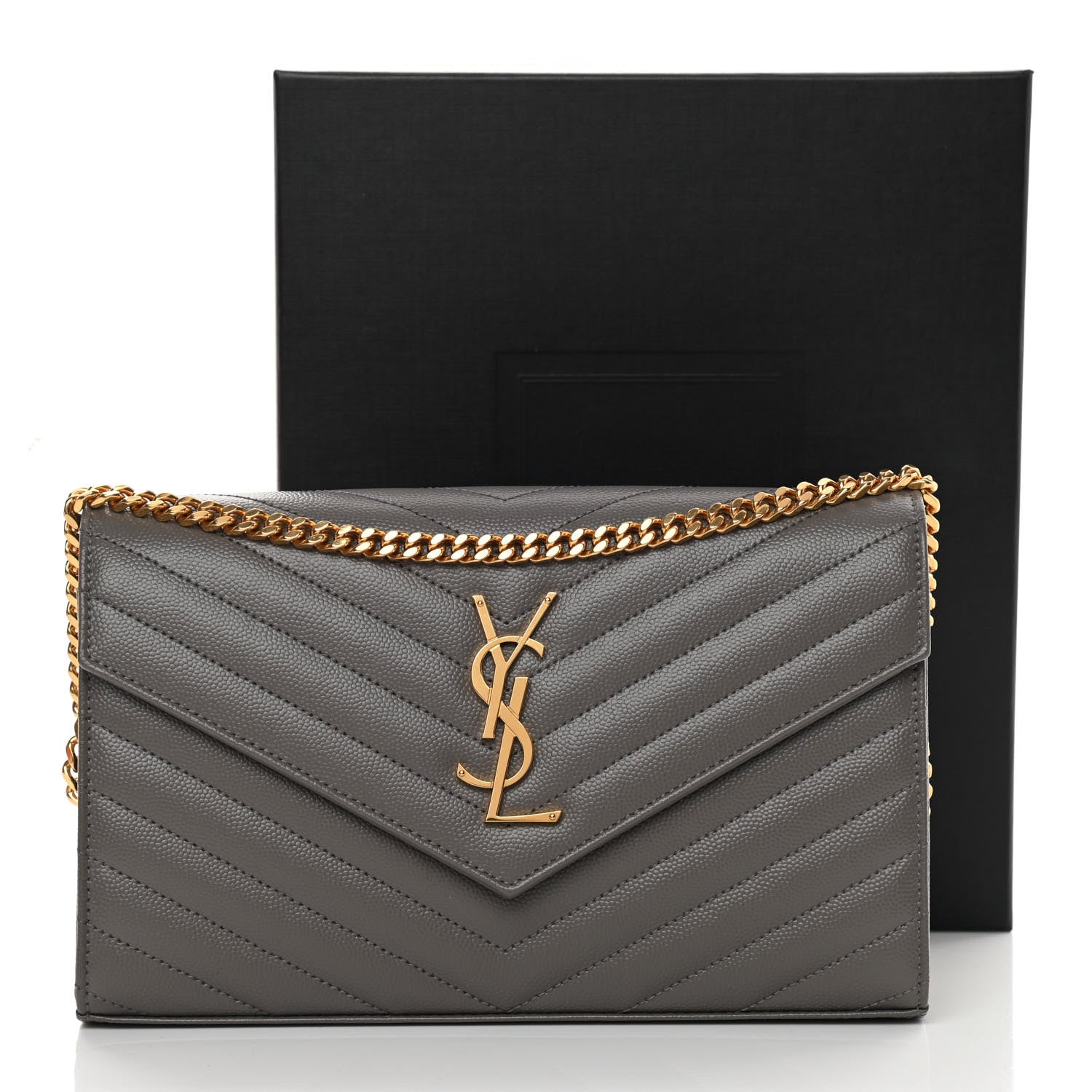 Saint Laurent Grain De Poudre Matelasse Chevron Monogram Chain Wallet Fog 12 of 12