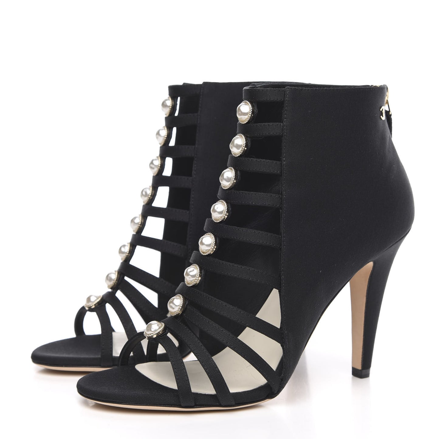 Grosgrain Pearl Open Toe Caged Ankle Boots 38 Black