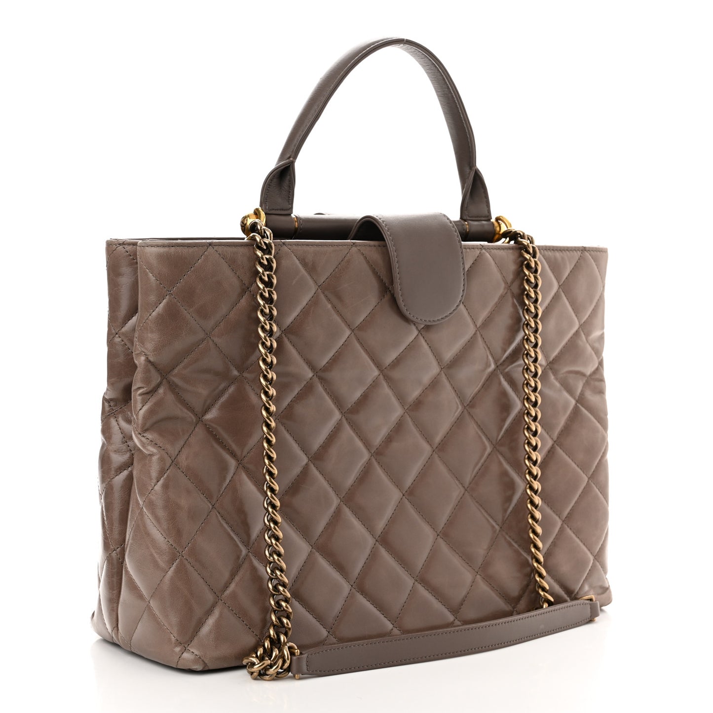 Glazed Calfskin Quilted Gold Bar Tote Dark Grey