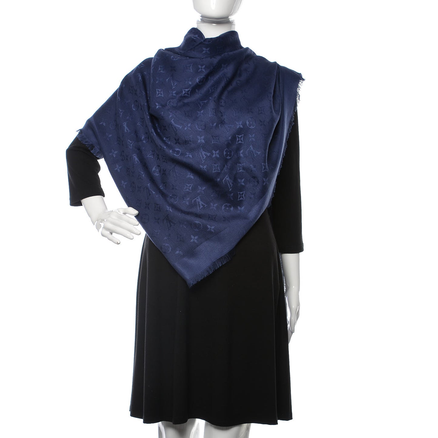 Silk Wool Monogram Shawl Night Blue