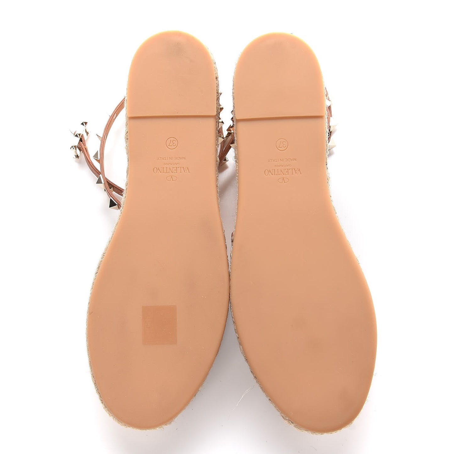Grained Calfskin Rockstud Ankle Wrap Espadrille Flats 37 Cognac
