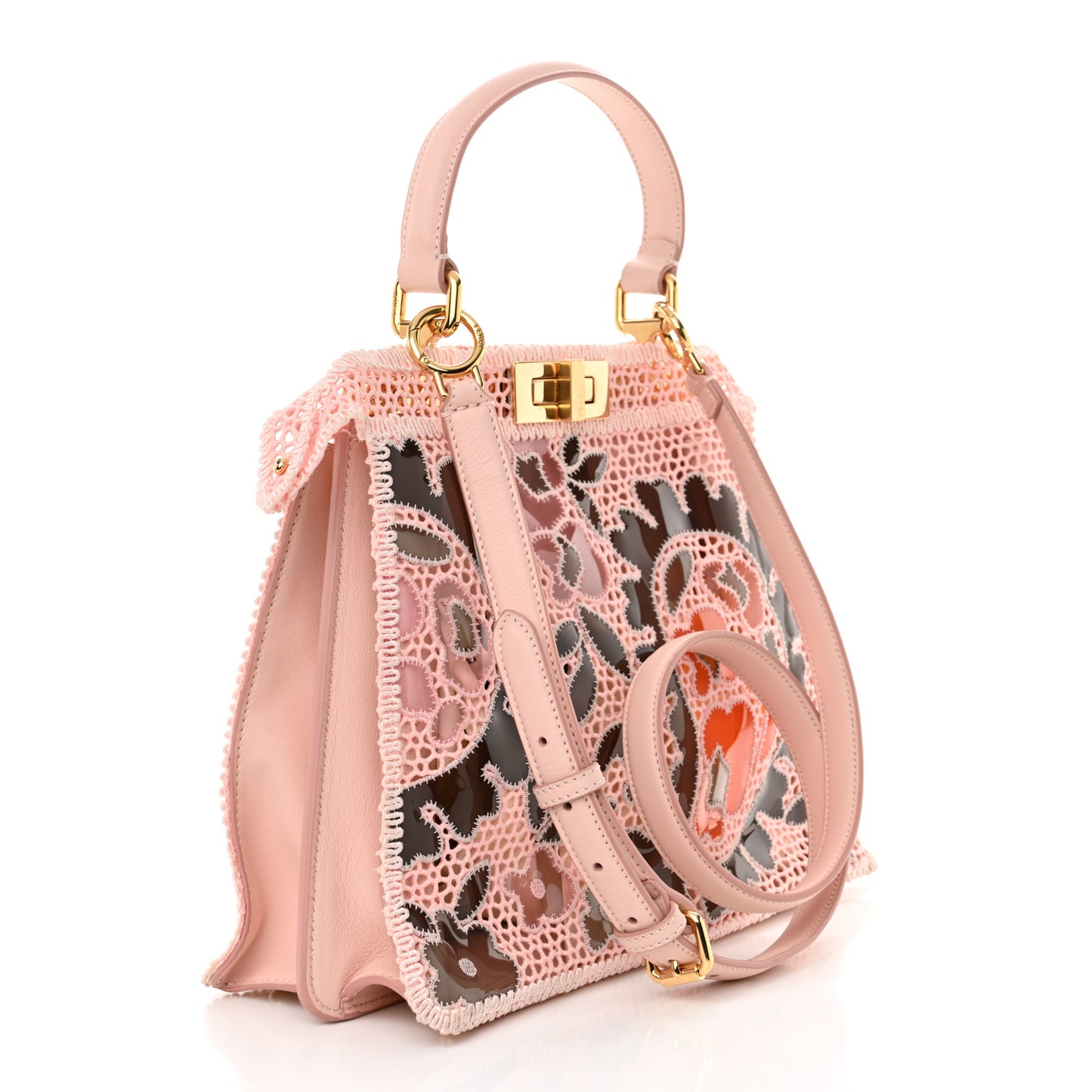 Calfskin Lace Medium Peekaboo I SEE U Satchel Pink Multicolor