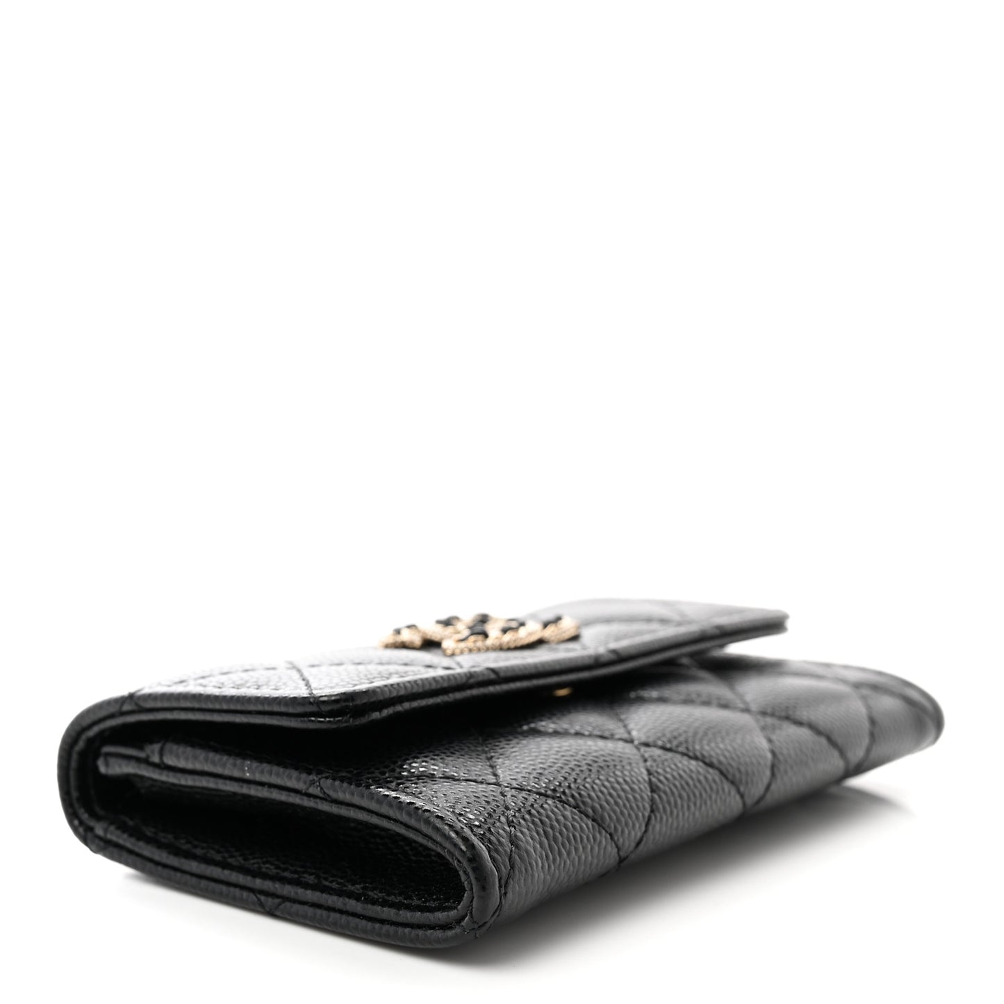 Caviar Quilted Crystal CC Flap Card Holder Black