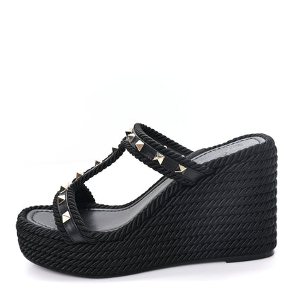 Valentino Garavani Calfskin Rockstud Torchon Espadrille Caged 25/90mm Wedge Sandals 38 Black 1 of 9