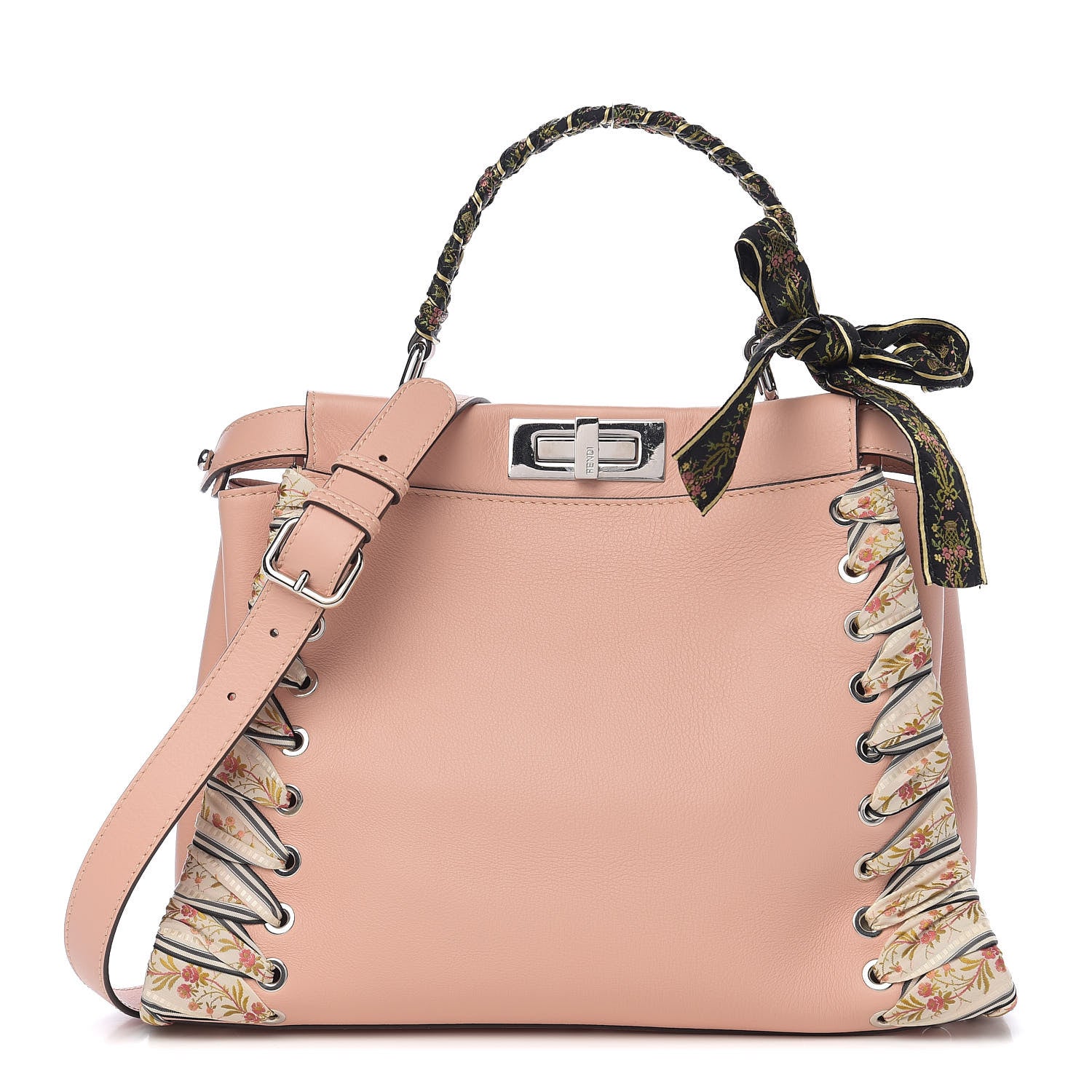 Fendi Vitello Seta Shiny Nappa Ribbon Lace Up Floral Medium Peekaboo Iconic Satchel Baby Pink Multicolor 1 of 10