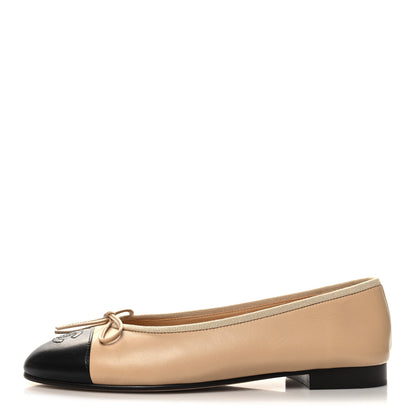 Chanel Lambskin Cap Toe CC Ballerina Flats 37.5 Beige Black 1 of 9