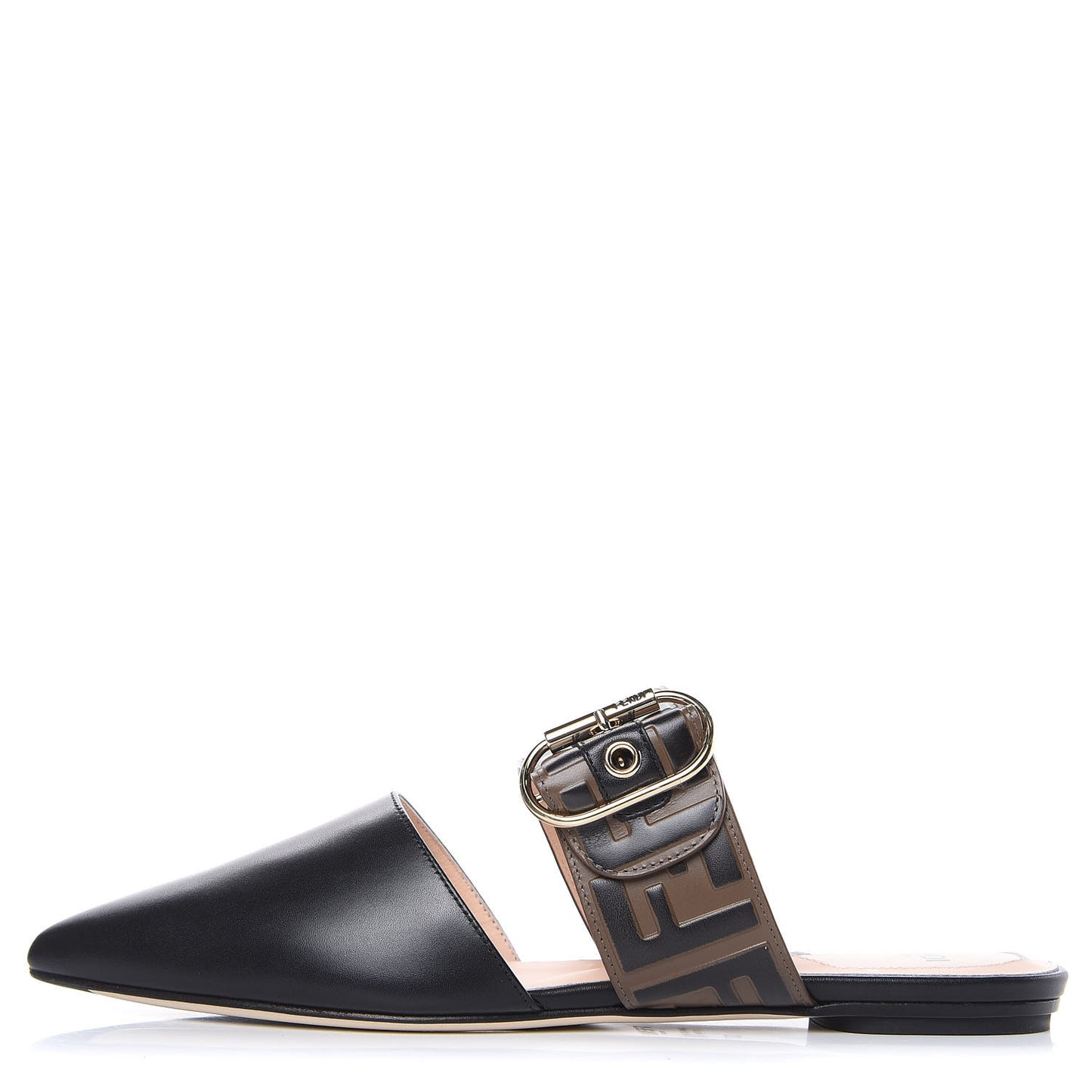 Vitello FF Embossed Buckle Flat Mules 37 Maya Black