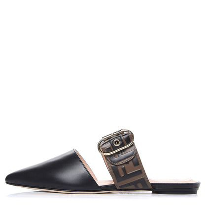 Fendi Vitello FF Embossed Buckle Flat Mules 37 Maya Black 1 of 8