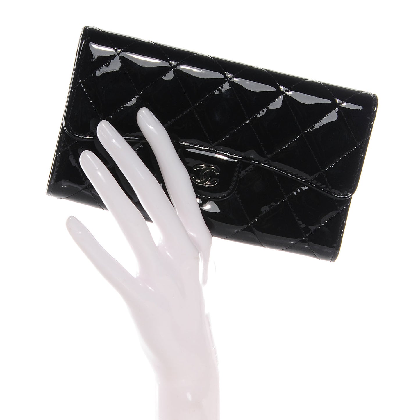 Patent Quilted Large Flap Wallet Black