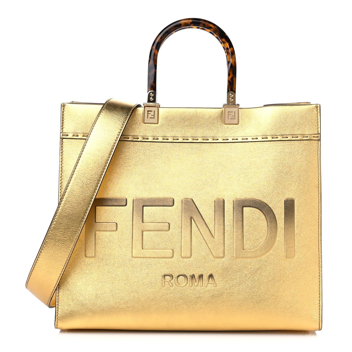 Vitello Catalan Mirror Plexiglass Logo Embossed Medium Fendi Sunshine Shopper Tote Gold