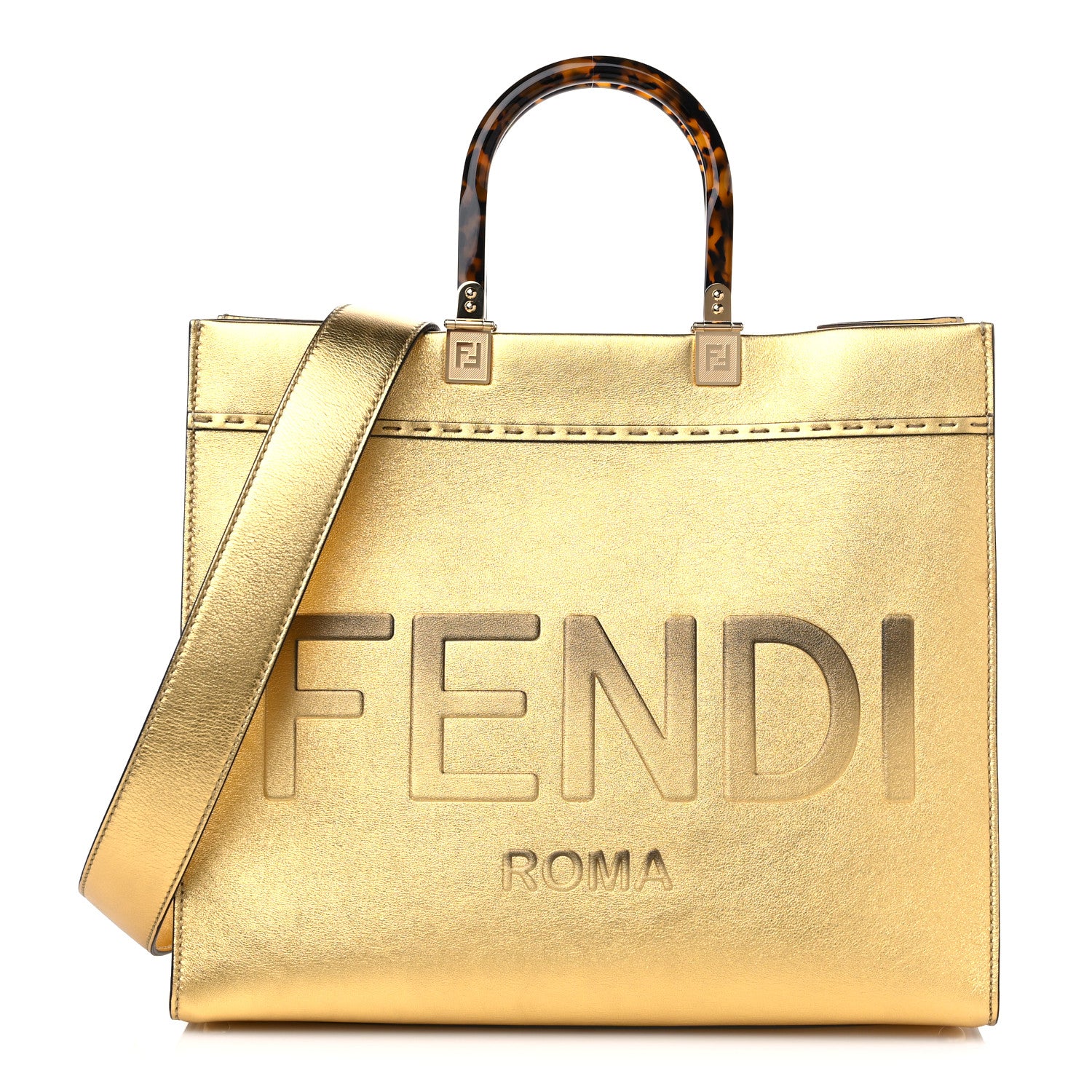Fendi Vitello Catalan Mirror Plexiglass Logo Embossed Medium Fendi Sunshine Shopper Tote Gold 1 of 9