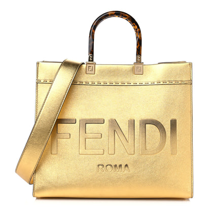 Fendi Vitello Catalan Mirror Plexiglass Logo Embossed Medium Fendi Sunshine Shopper Tote Gold 1 of 9