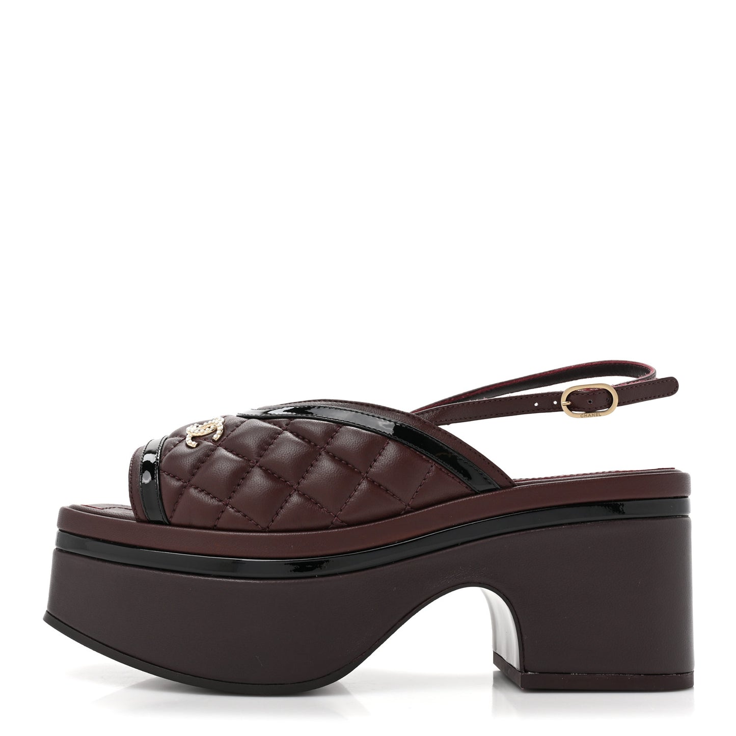 Lambskin Patent Calfskin Quilted CC Platform Slingback Sandals 36 Burgundy Black