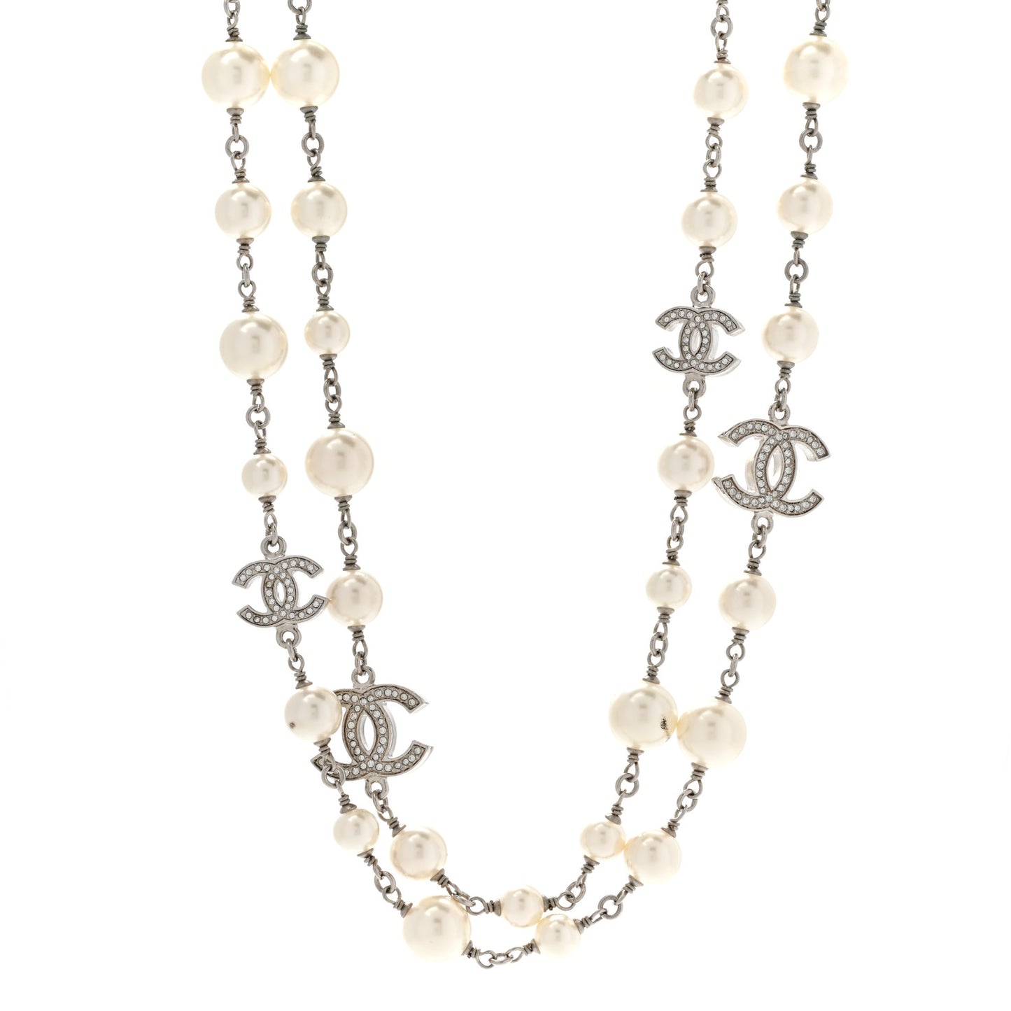 Graduated Pearl Crystal CC Long Necklace Silver
