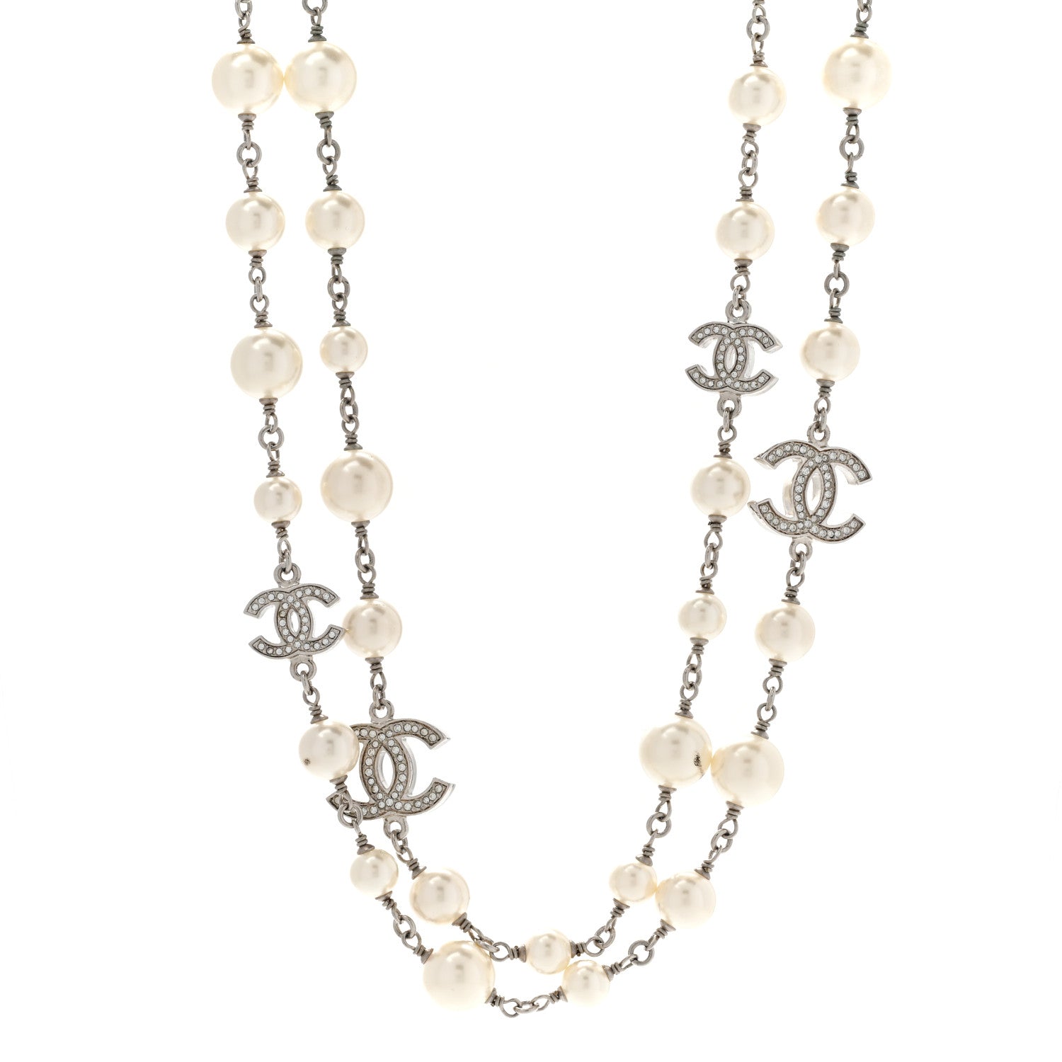 Chanel Graduated Pearl Crystal CC Long Necklace Silver 1 of 8