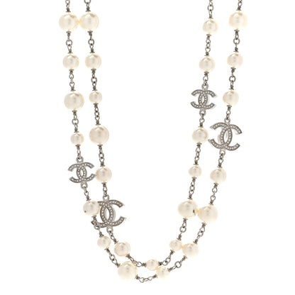 Chanel Graduated Pearl Crystal CC Long Necklace Silver 1 of 8