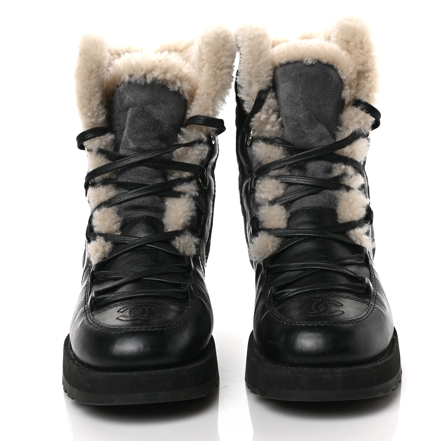 Calfskin Suede Shearling Lace Up Boots 40 Black Grey Light Beige