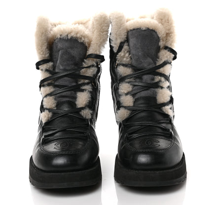 Chanel Calfskin Suede Shearling Lace Up Boots 40 Black Grey Light Beige 2 of 7