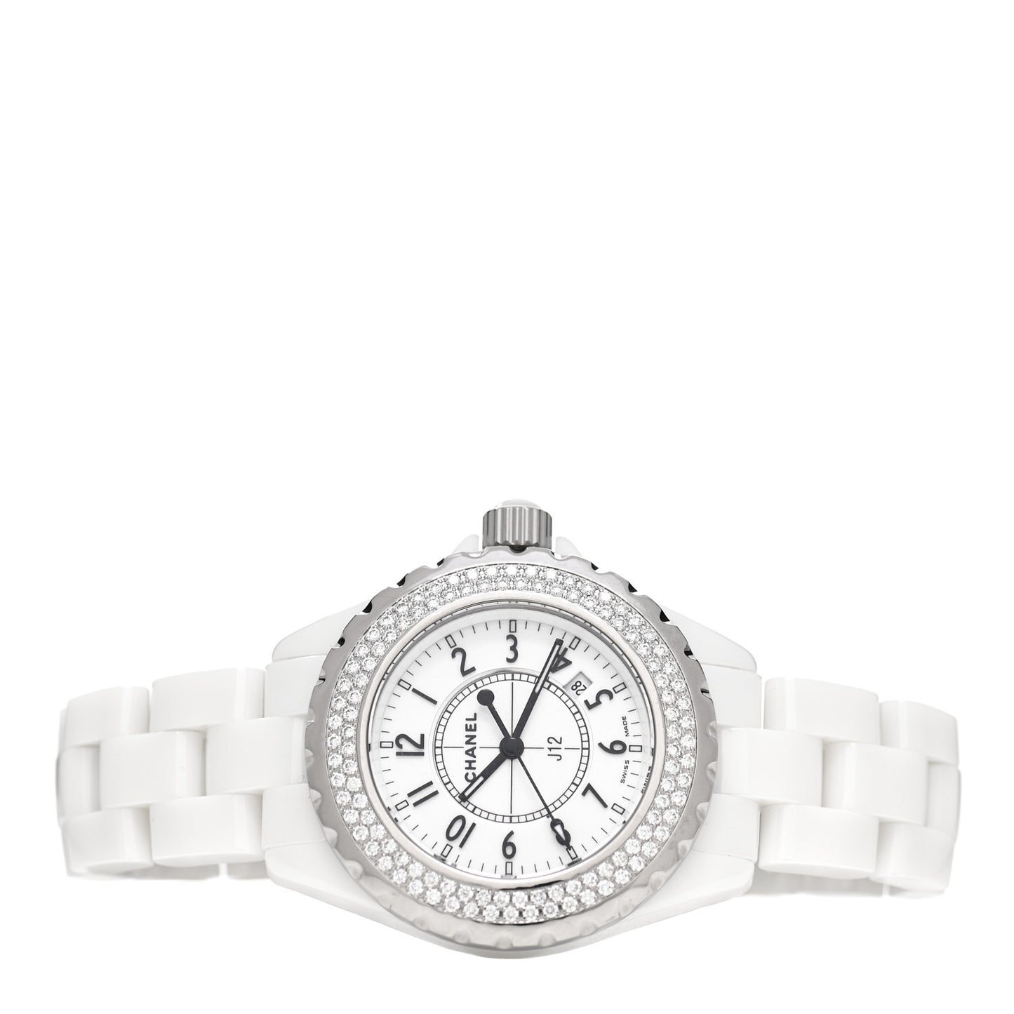 Stainless Steel Ceramic Diamond Pave Bezel 33mm J12 Quartz Watch White