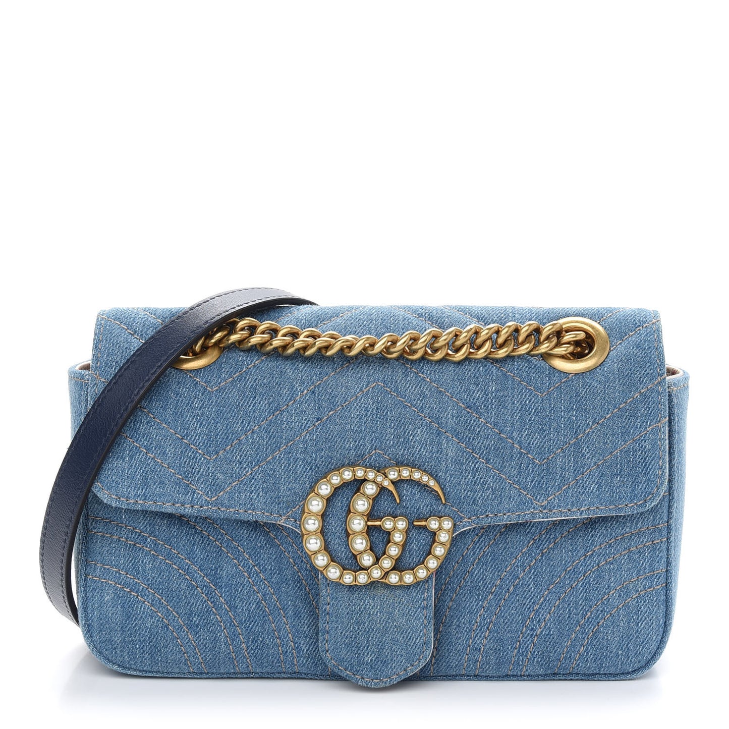 Denim Matelasse Mini Pearly GG Marmont Shoulder Bag Blue