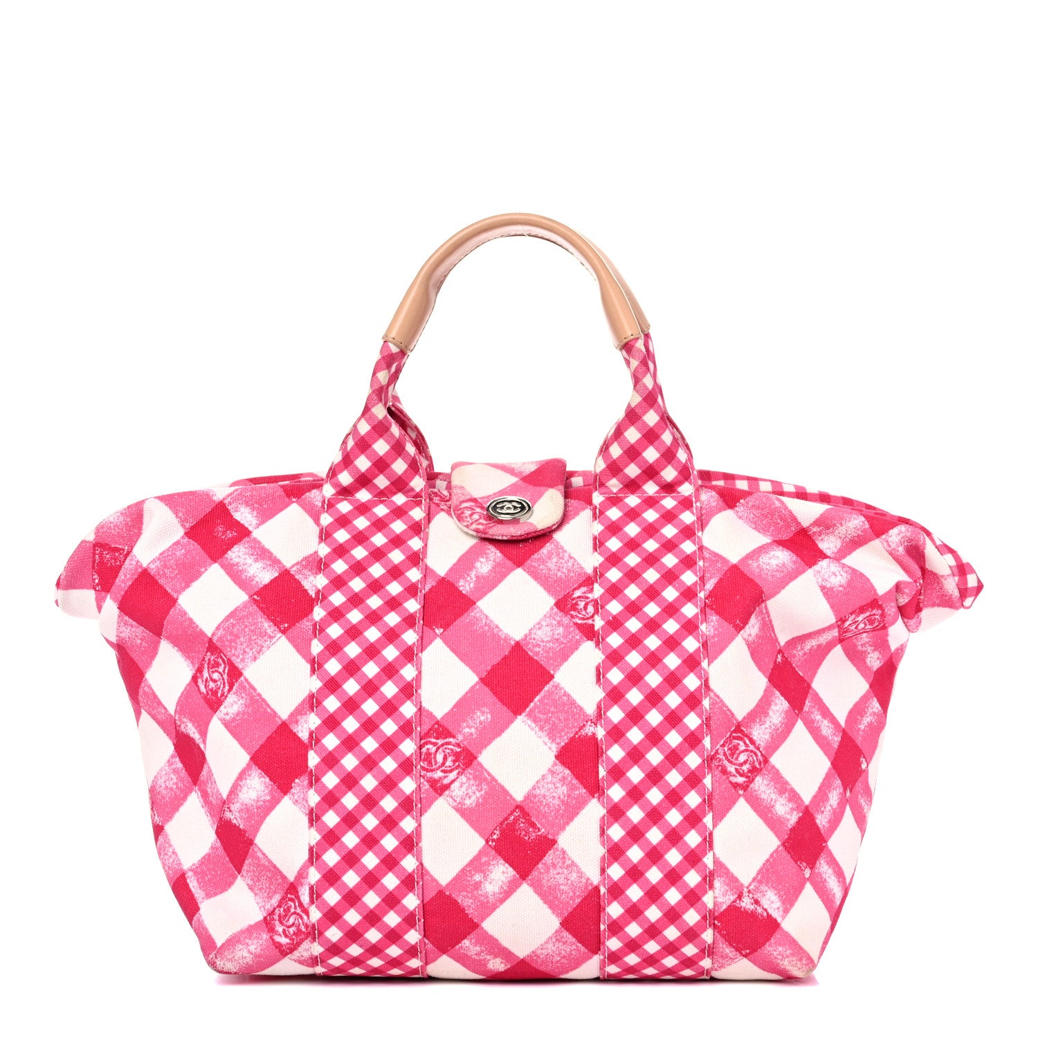 Chanel Canvas Gingham Printed Small CC Tote Pink White 1 of 13