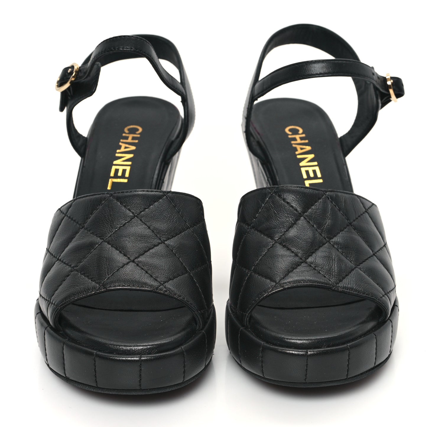 Lambskin Quilted Peep Toe Wedge Sandals 37 Black