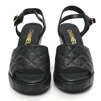 Chanel Lambskin Quilted Peep Toe Wedge Sandals 37 Black 3 of 11