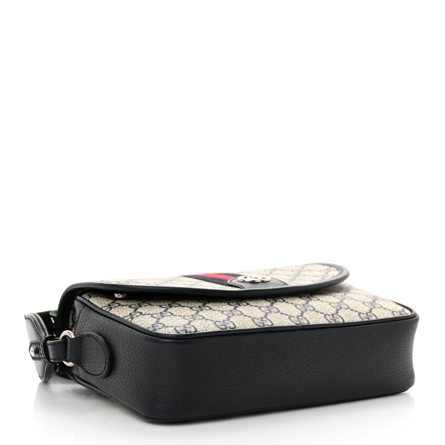 GG Supreme Monogram Textured Dollar Calfskin Web Studded Mini Ophidia Flap Shoulder Bag Beige Blue