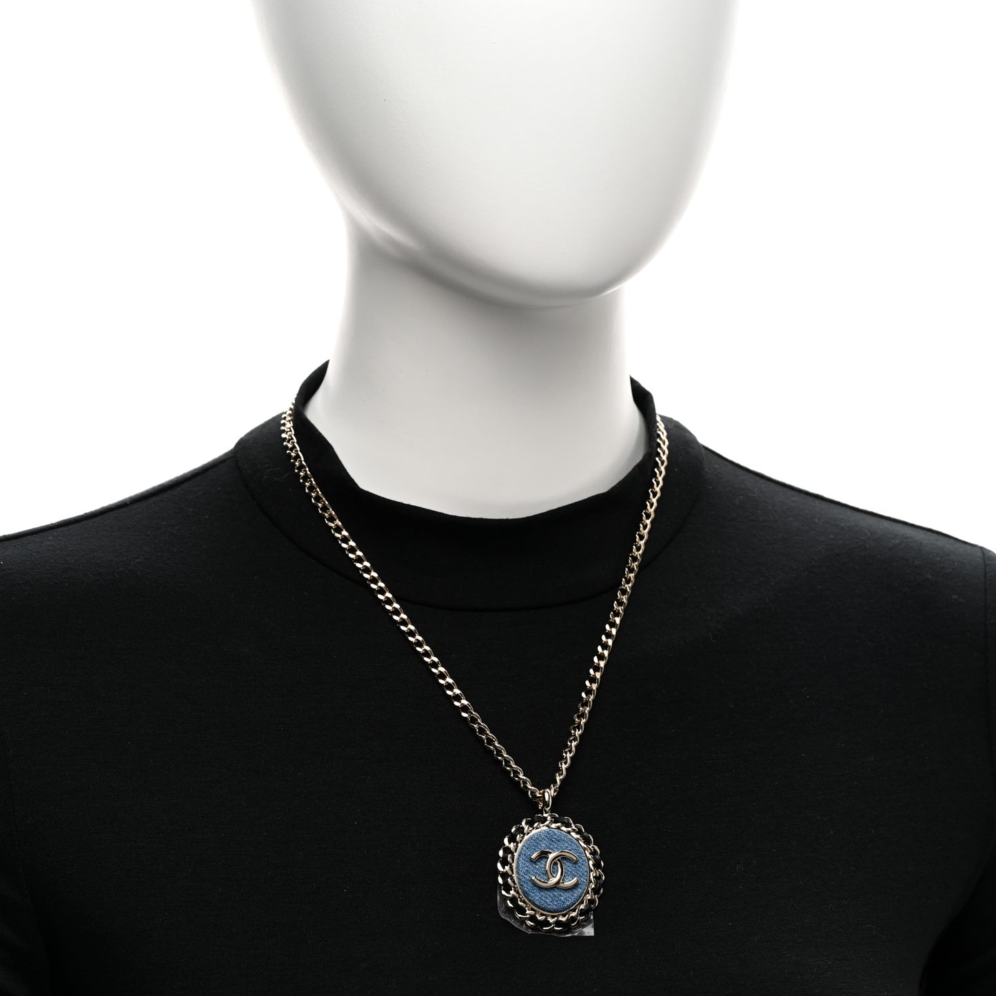Denim CC Pendant Necklace Gold Blue Black