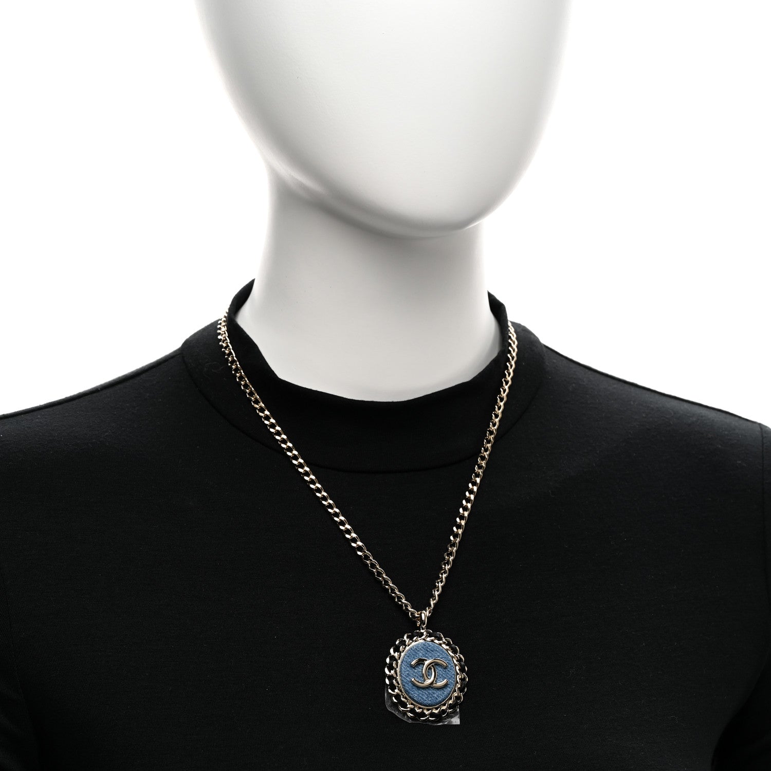 Chanel Denim CC Pendant Necklace Gold Blue Black 2 of 6