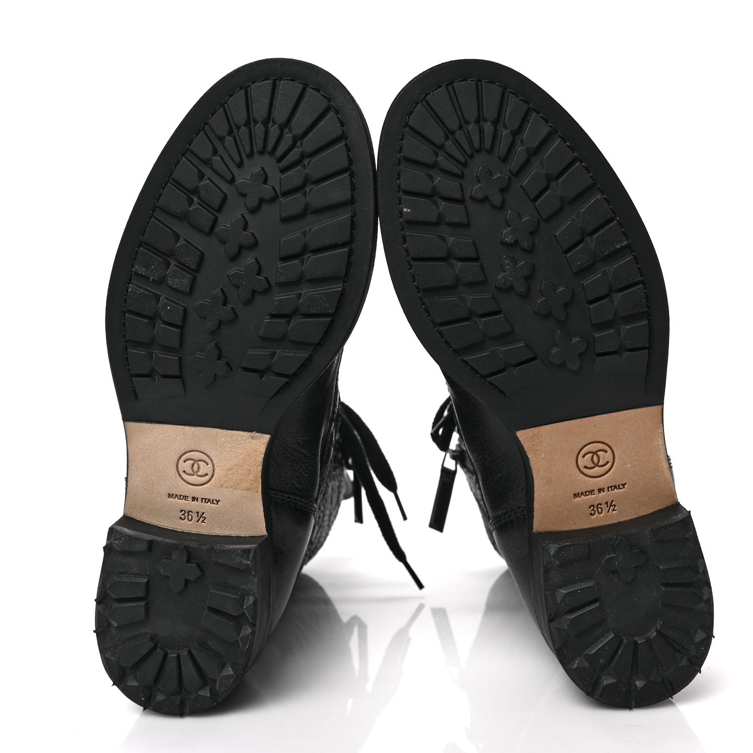 Chanel Sheepskin Quilted CC Tall Lace Up Combat Boots 36.5 Black 5 of 6