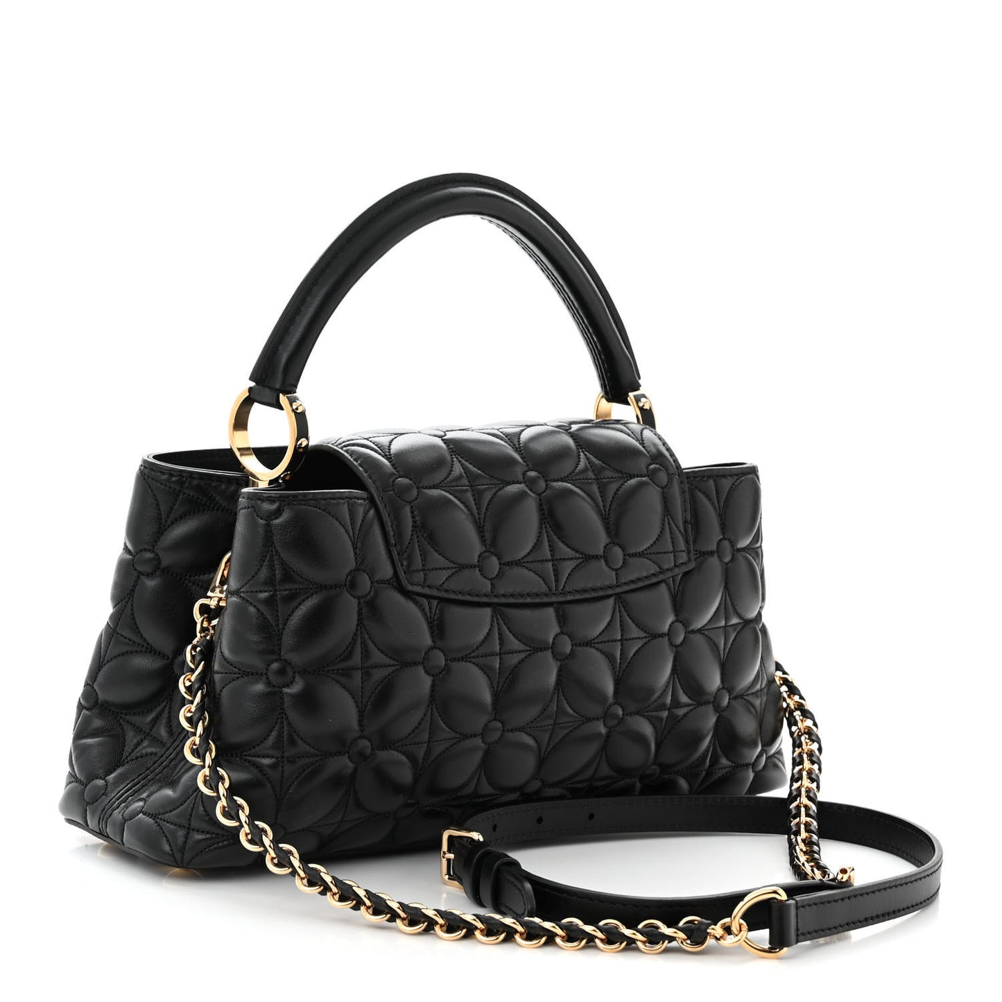 Lambskin Quilted Flower Capucines East West MM Black