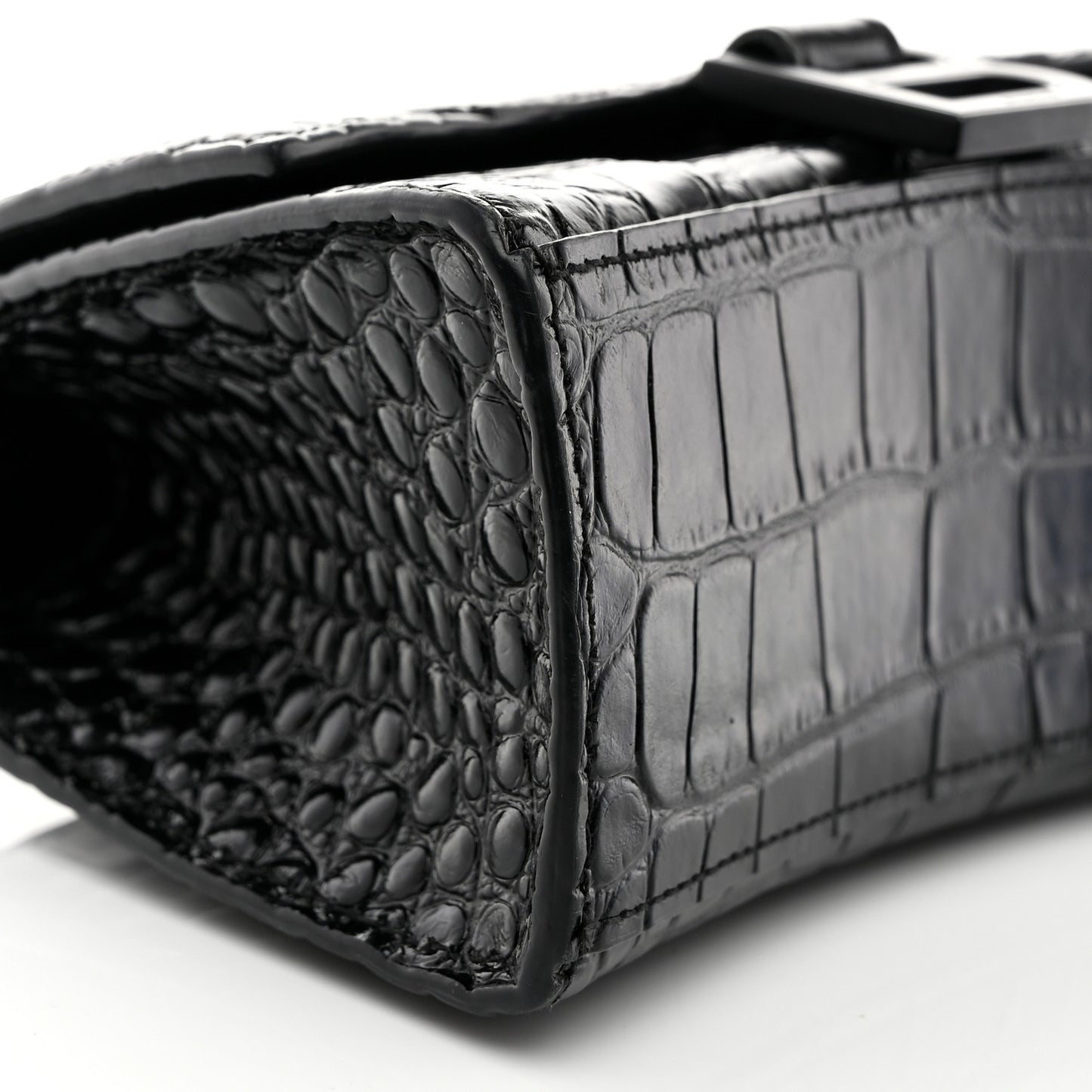 Shiny Calfskin Monochrome Crocodile Embossed Hourglass Top Handle Bag XS Black